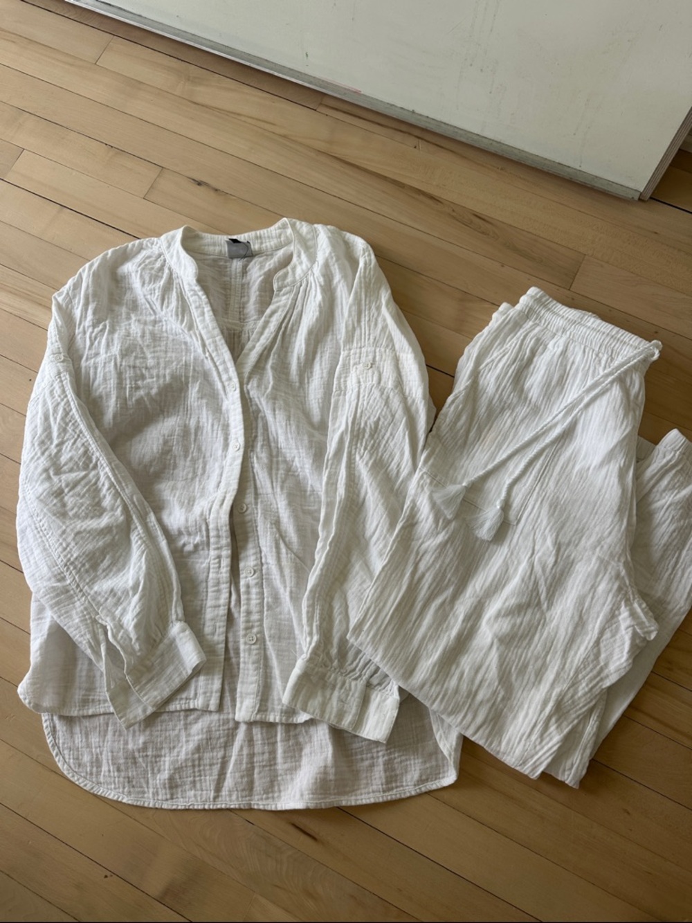 White Gauze Button-Front Top & Drawstring Pants Set